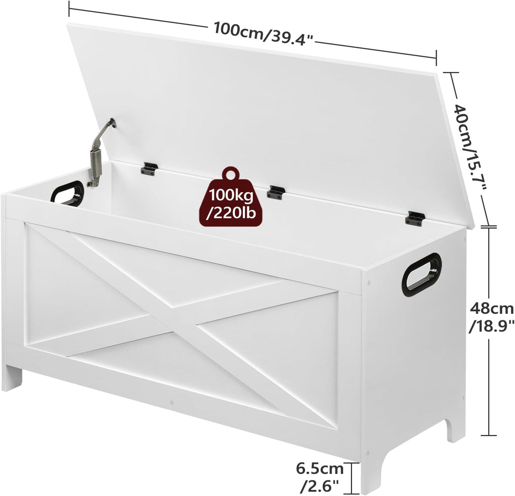 White Lid Safety Hinge Storage Bench Chest