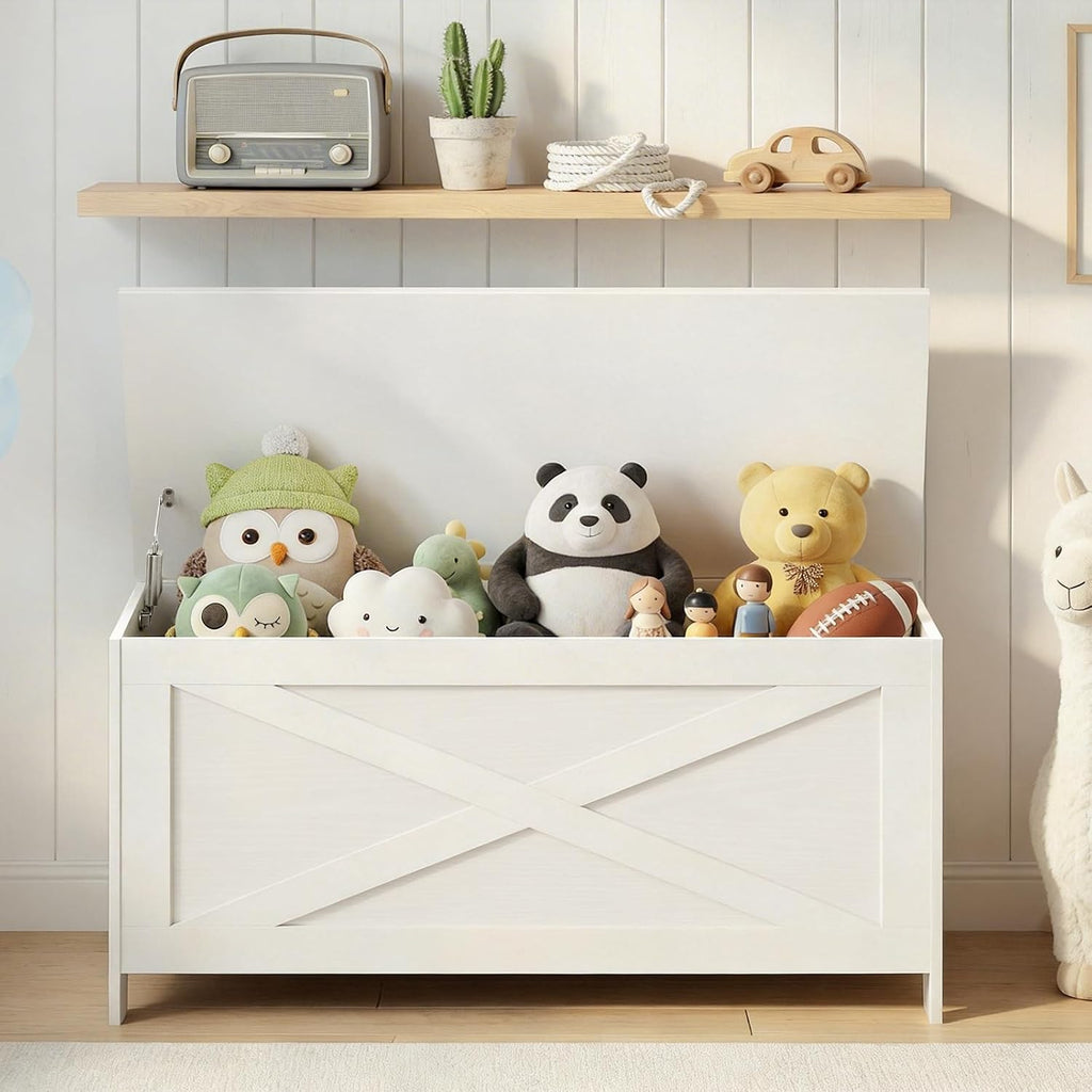 White Lid Safety Hinge Storage Bench Chest