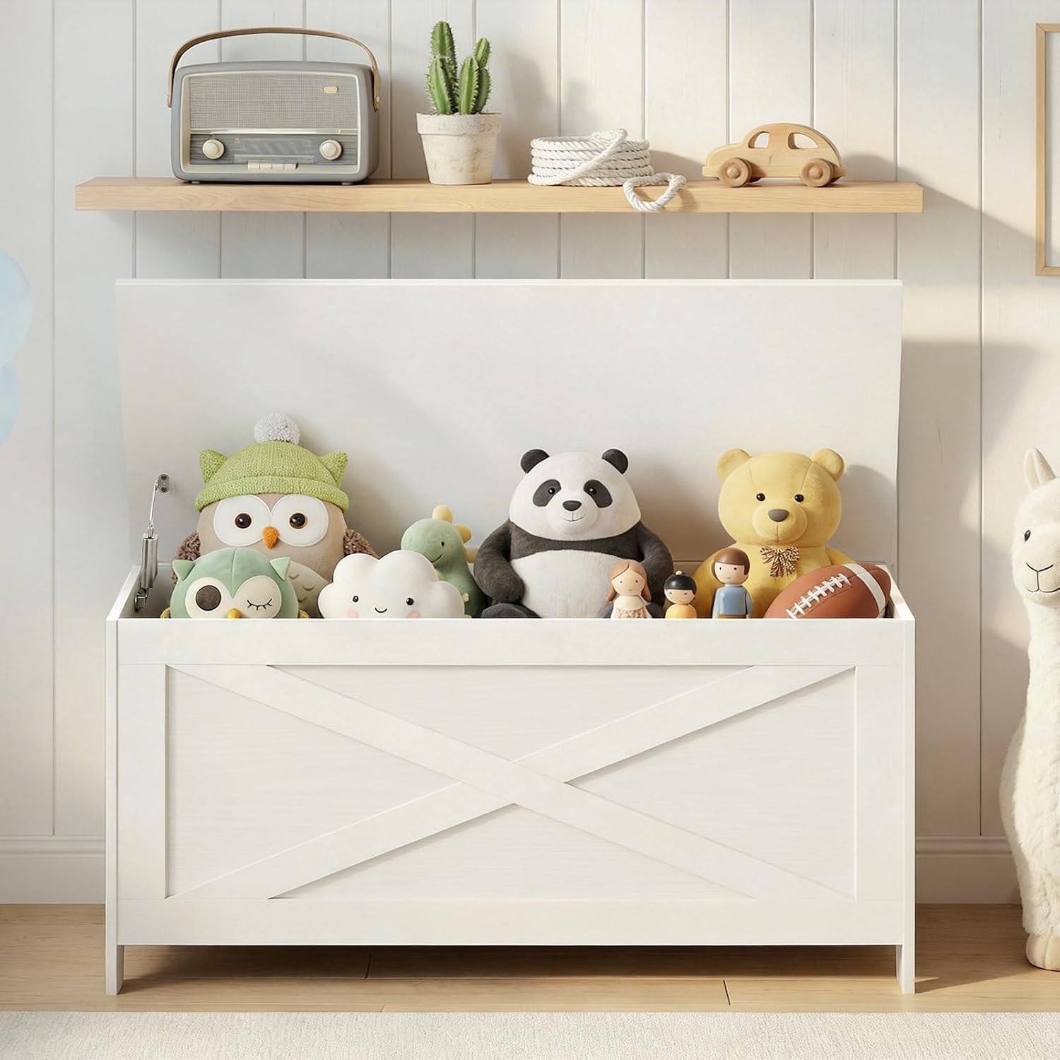 White Lid Safety Hinge Storage Bench Chest