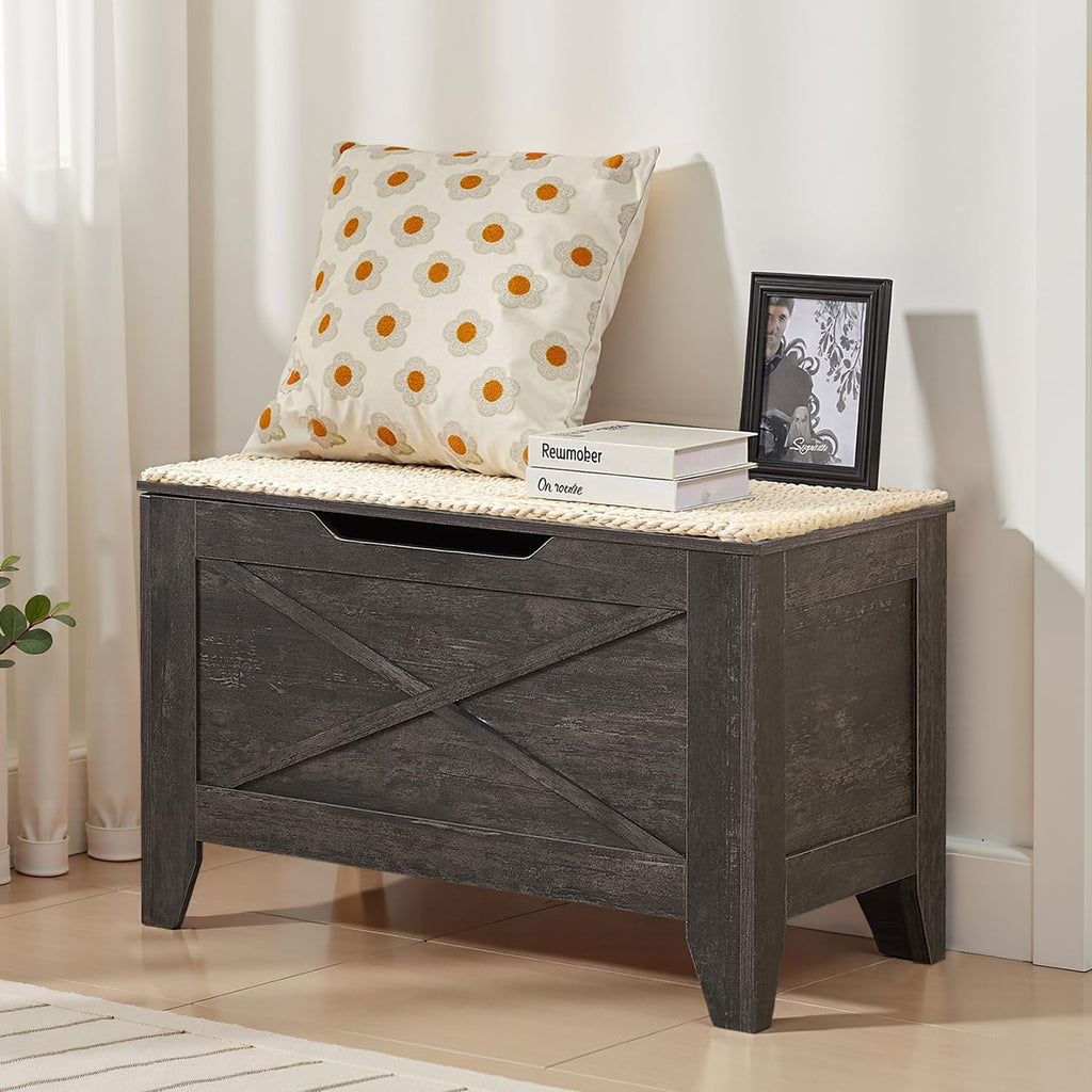 Gray Wicker Cushion Lift Top Storage Ottoman