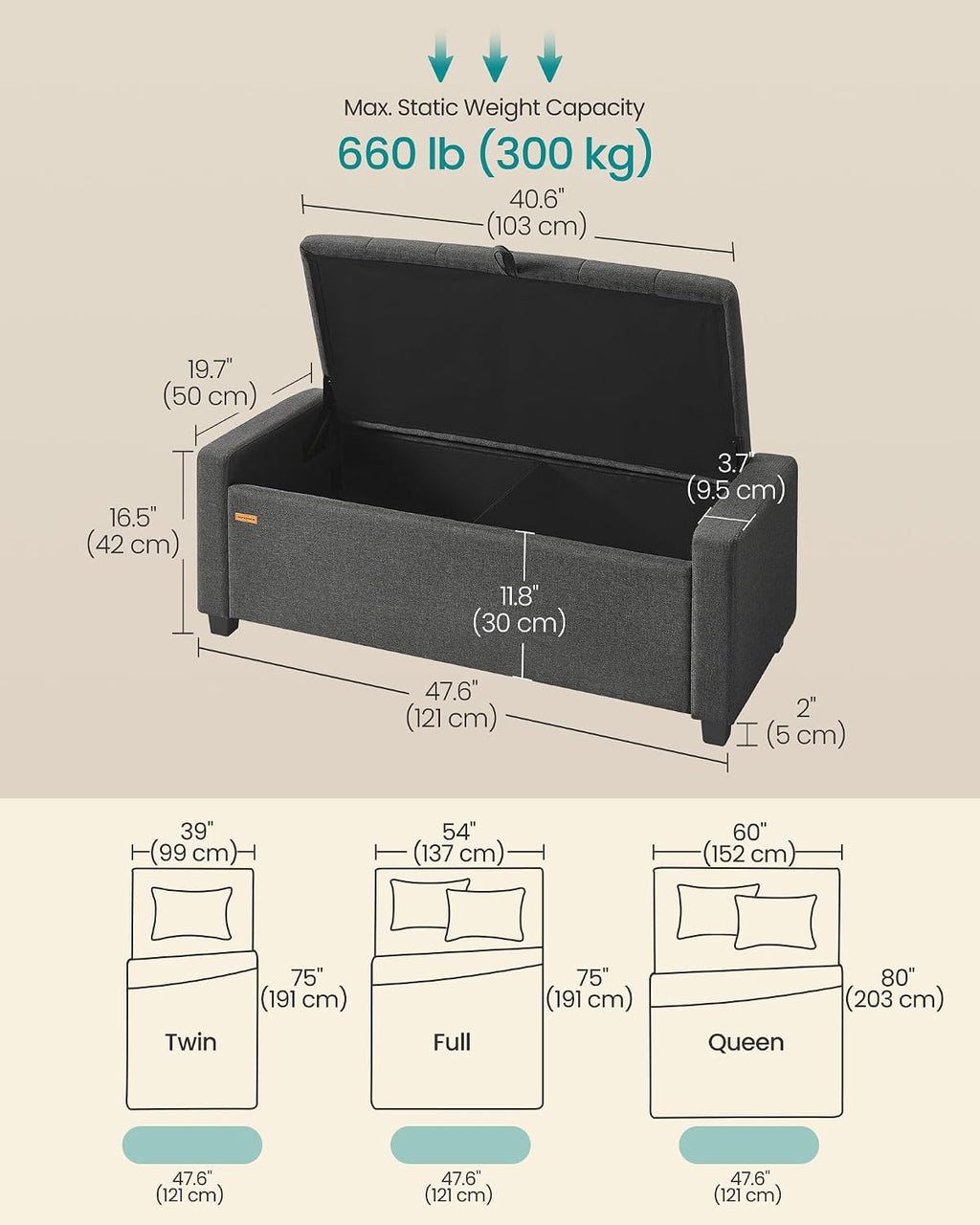 Slate Gray Linen Storage Ottoman Bench