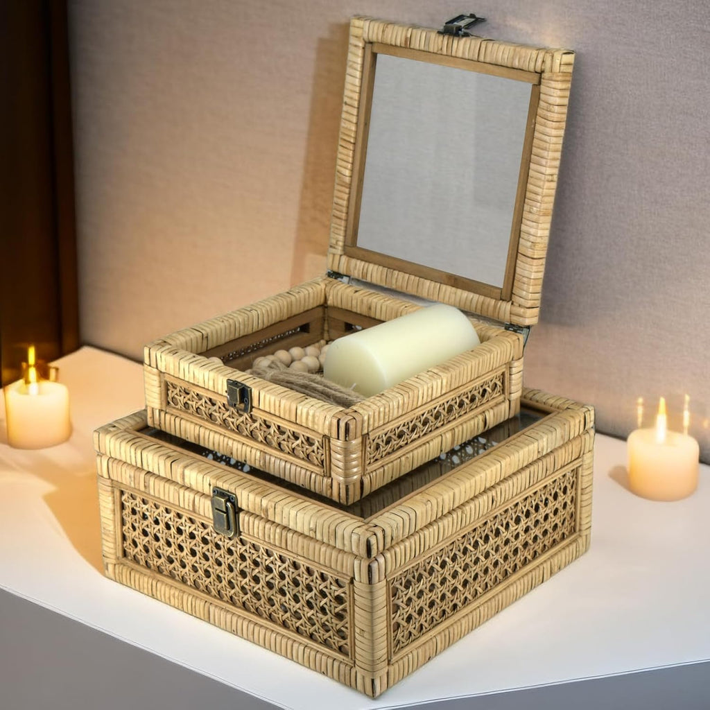 2 Pack Rattan Square Storage Boxes Glass Lid
