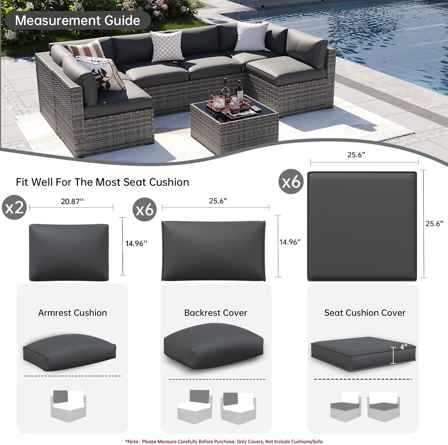 14Pcs Grey Waterproof Zipper Patio Cushion Covers