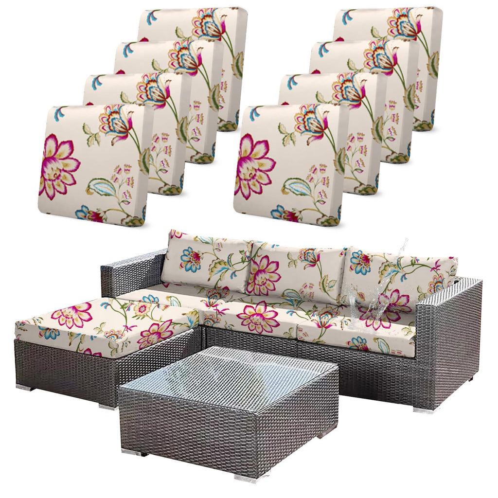 8Pcs Beige Stretch Waterproof Patio Cushion Covers