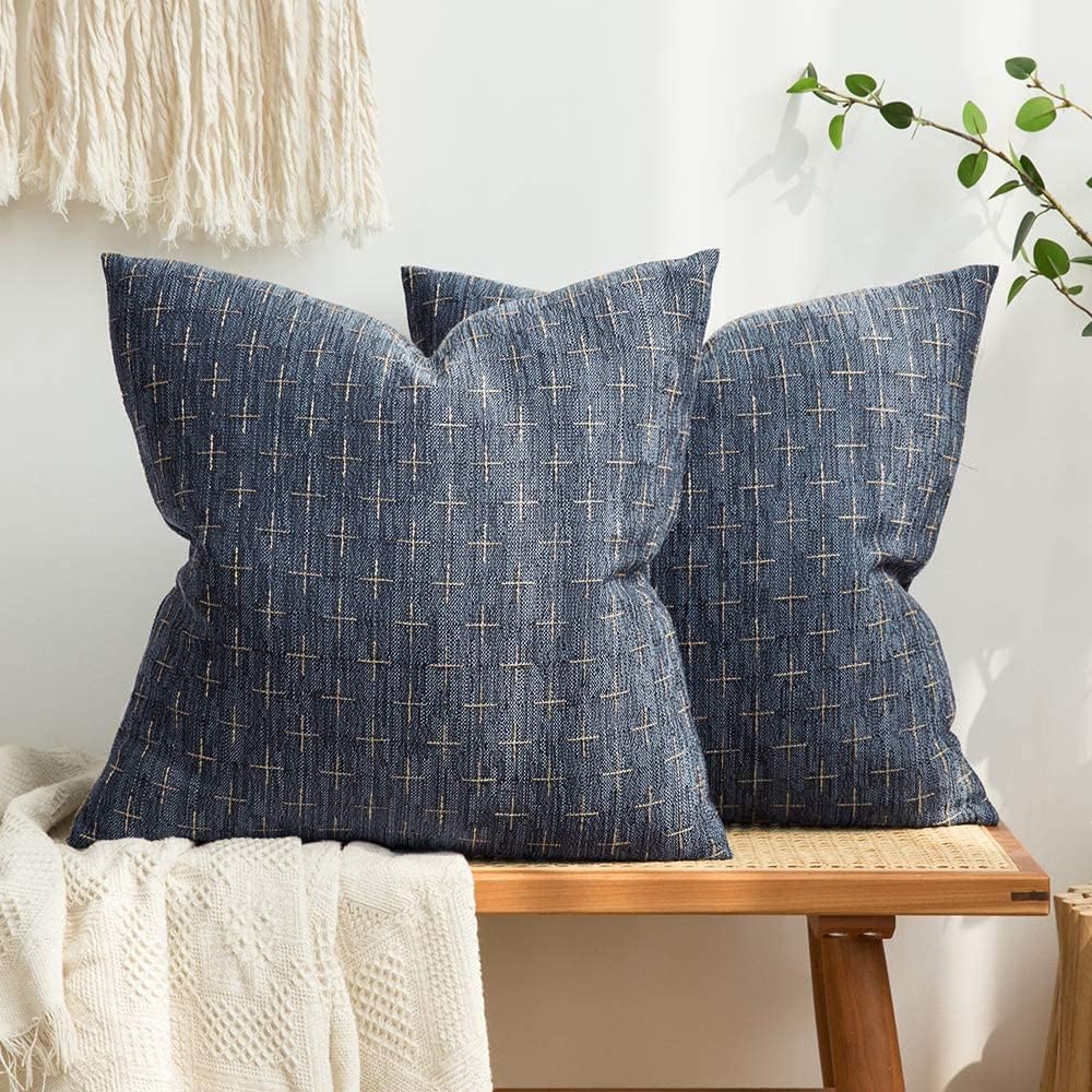 2 Pack Blue Woven Linen Pillow Covers