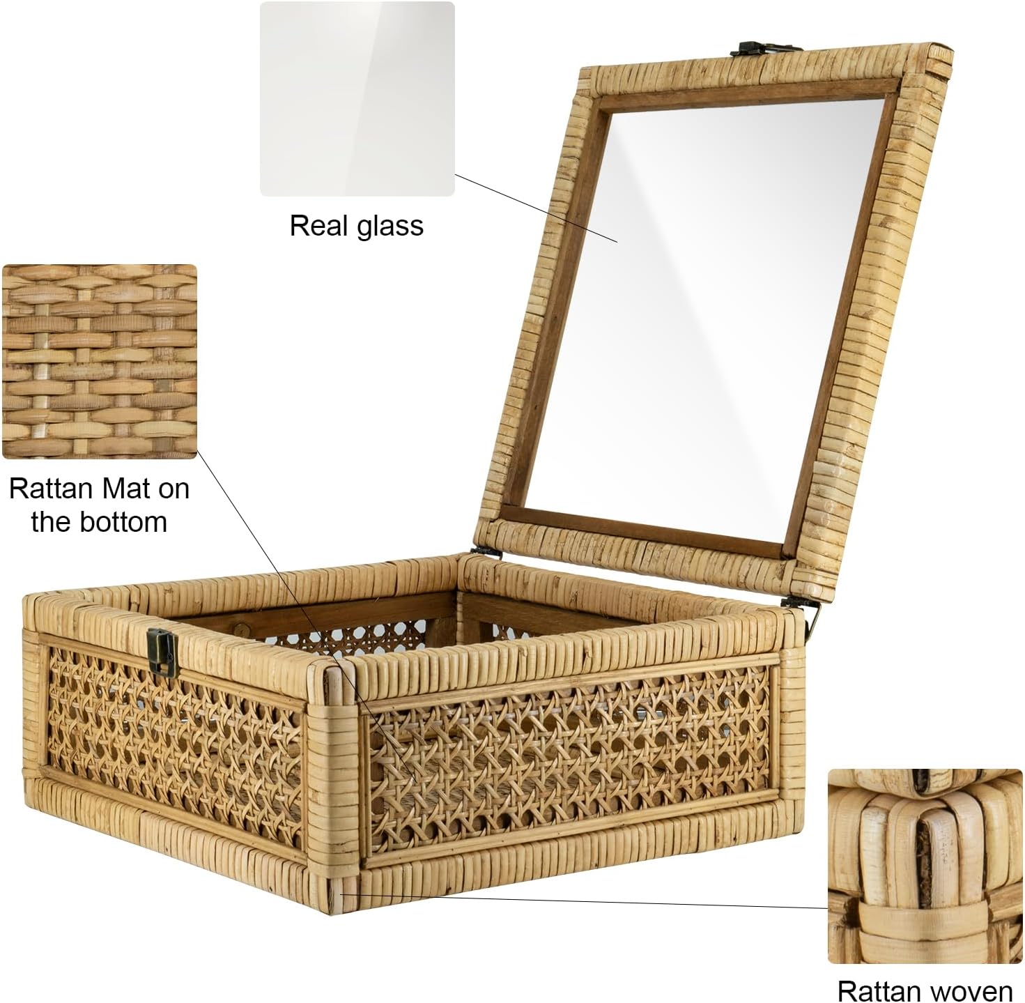 2 Pack Rattan Square Storage Boxes Glass Lid