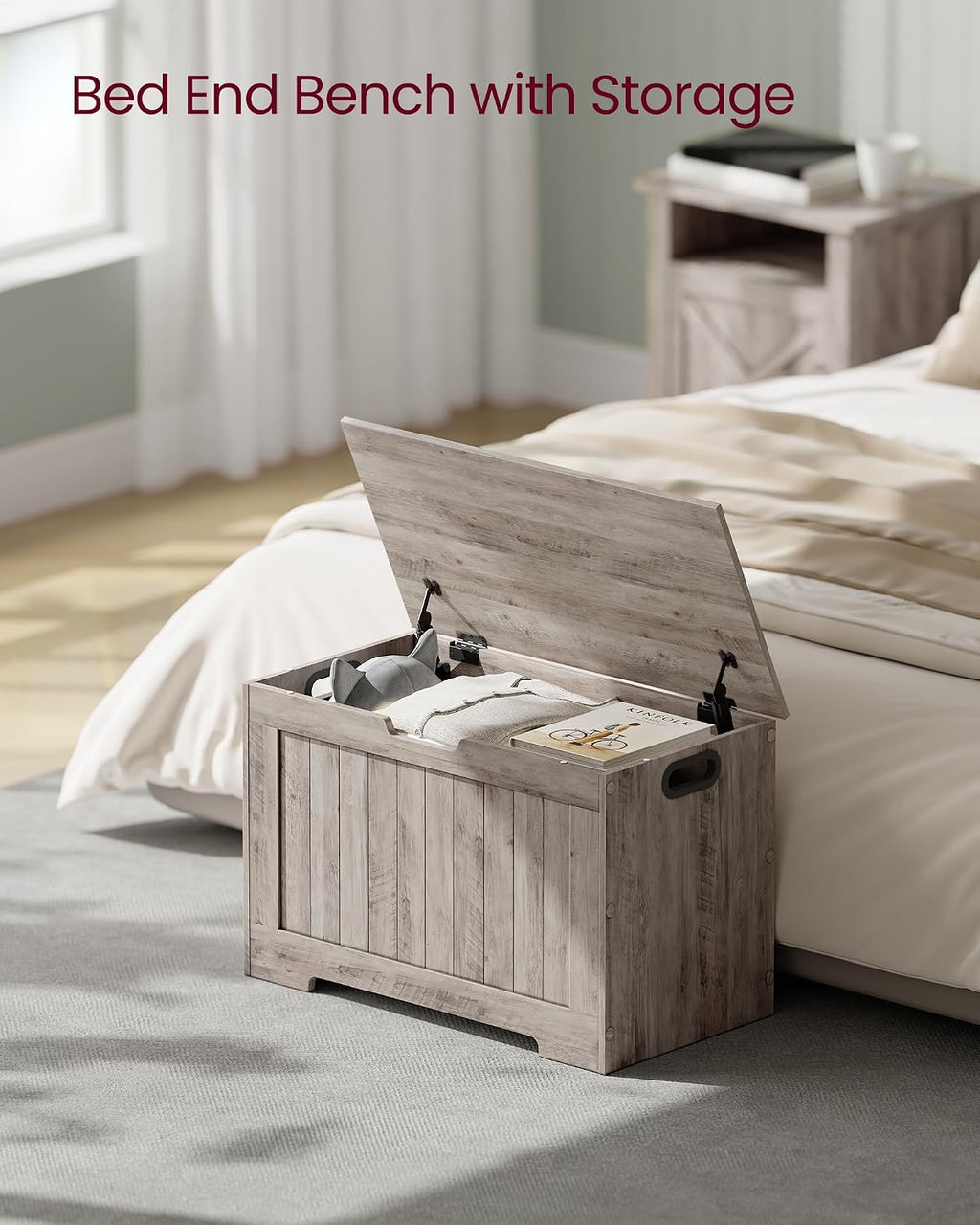 Greige Farmhouse Safety Hinge Storage Bench