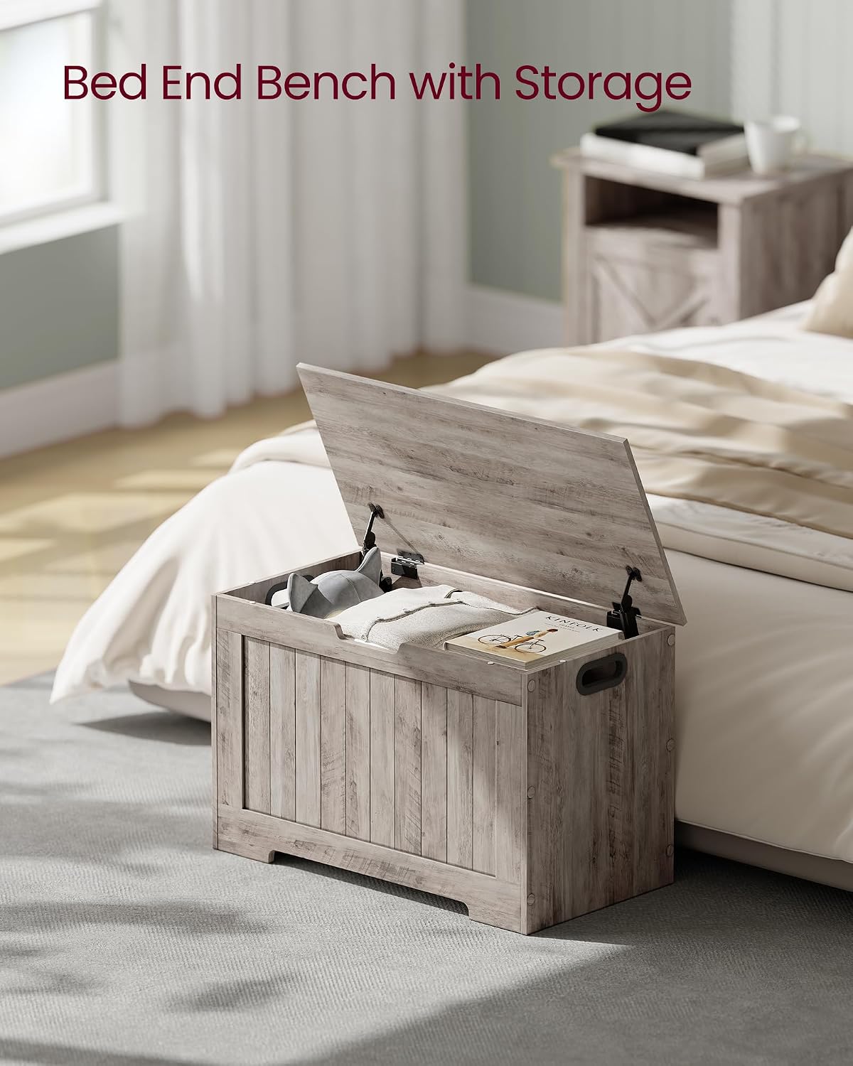 Greige Farmhouse Safety Hinge Storage Bench