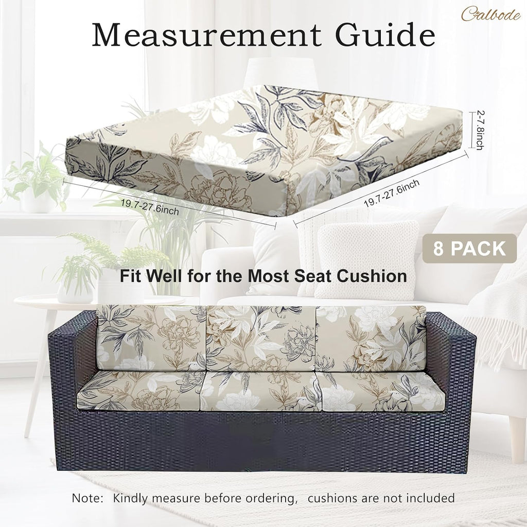 8Pcs Beige Stretch Waterproof Patio Cushion Covers