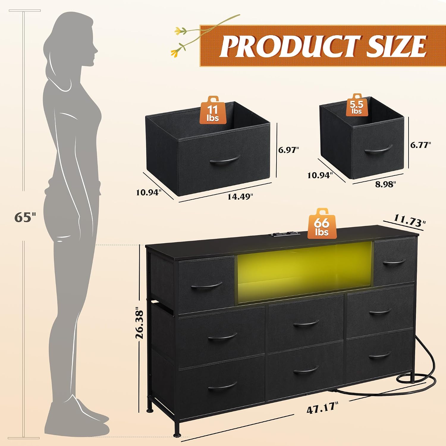 LED Charging Fabric Drawer TV Dresser Stand