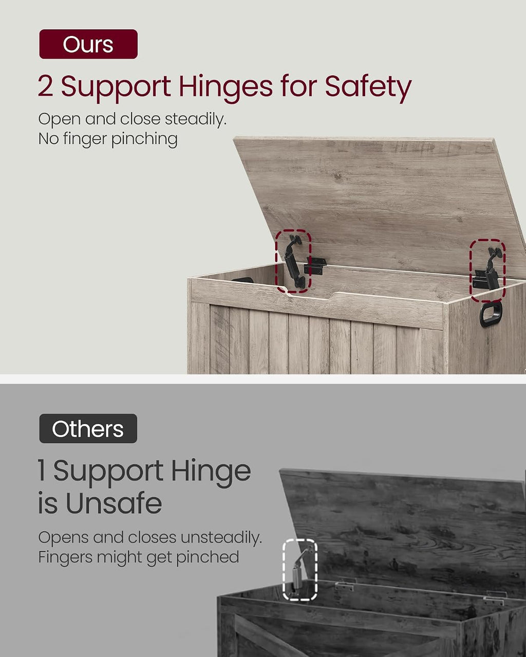 Greige Farmhouse Safety Hinge Storage Bench