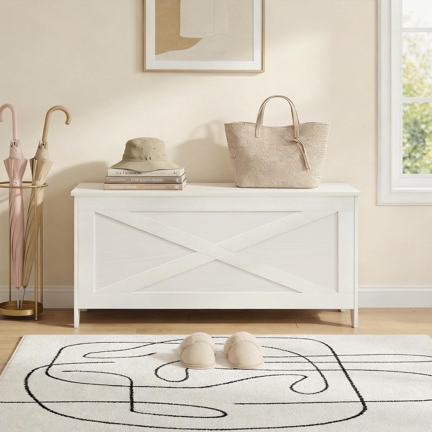 White Lid Safety Hinge Storage Bench Chest
