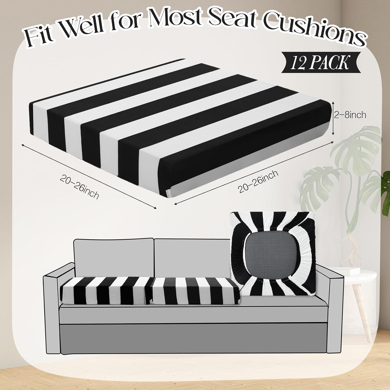 12Pcs Black White Striped Stretch Cushion Covers