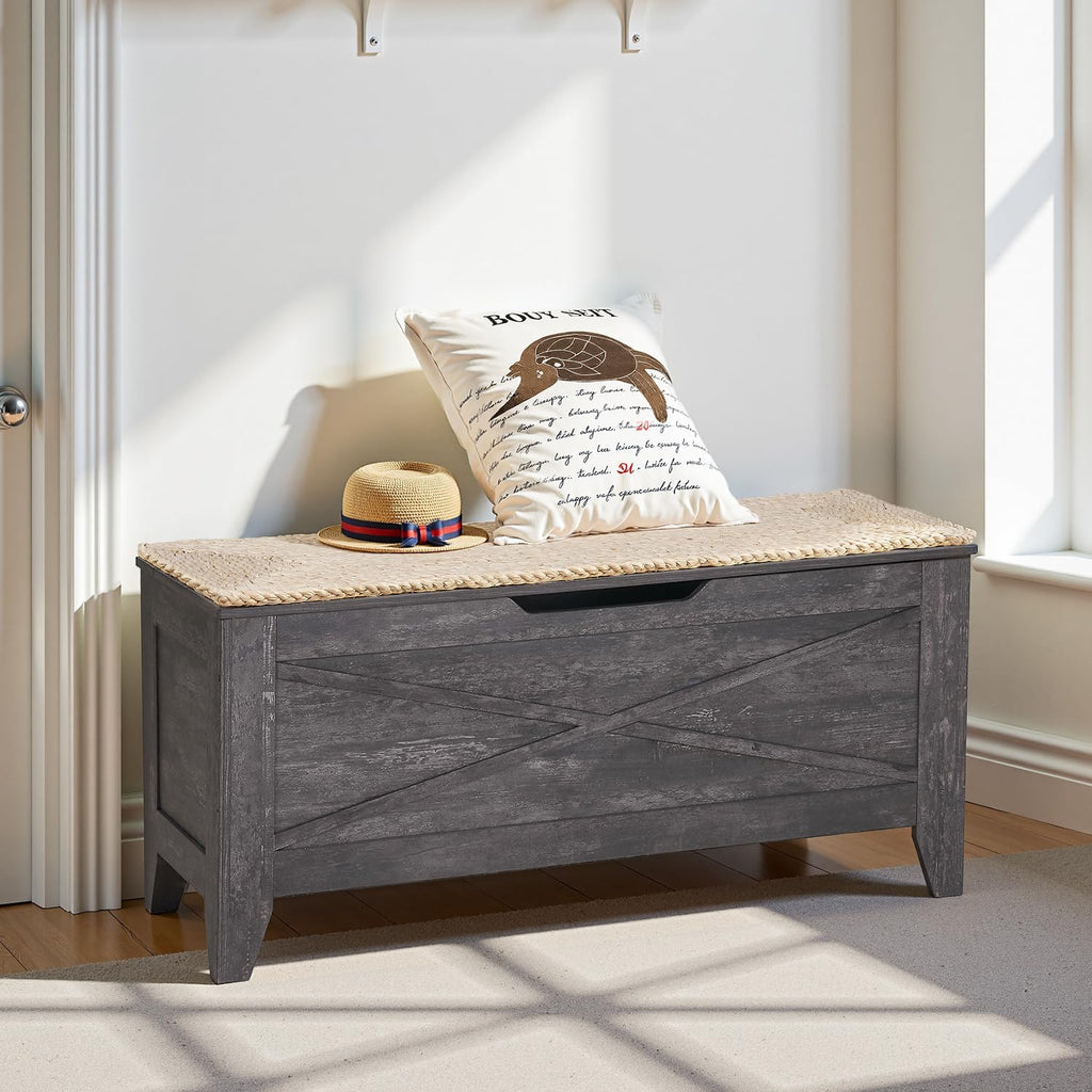 Gray Wicker Cushion Lift Top Storage Ottoman