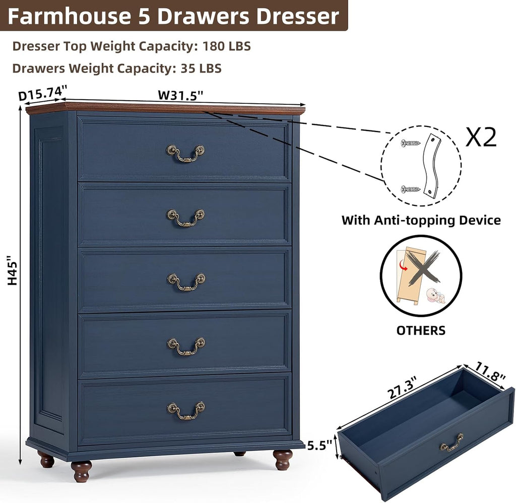 Navy Blue Farmhouse 5 Drawer Dresser