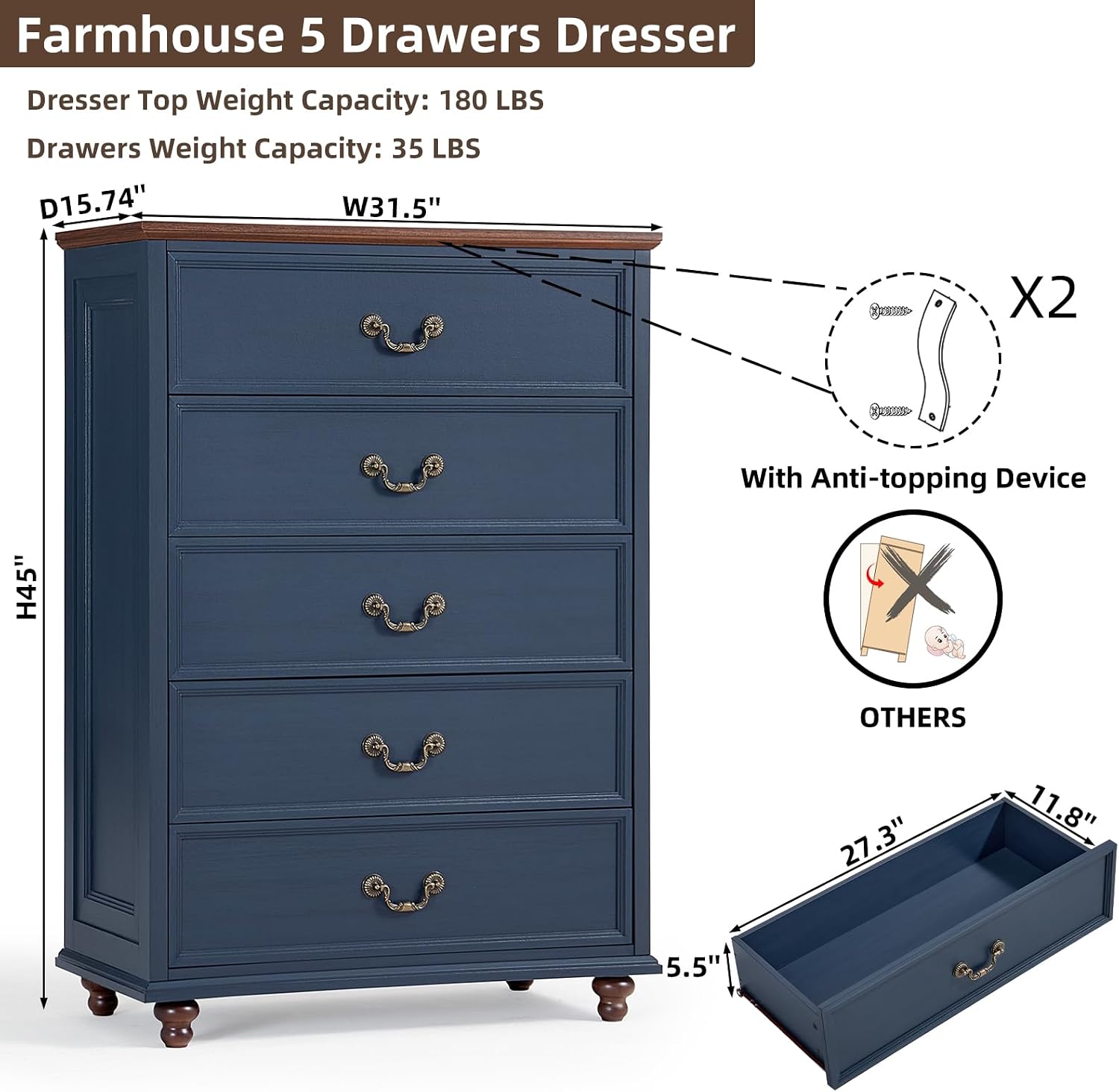 Navy Blue Farmhouse 5 Drawer Dresser