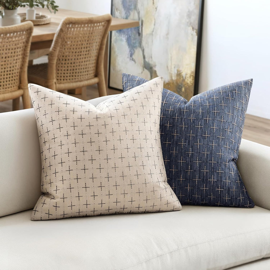 2 Pack Blue Woven Linen Pillow Covers