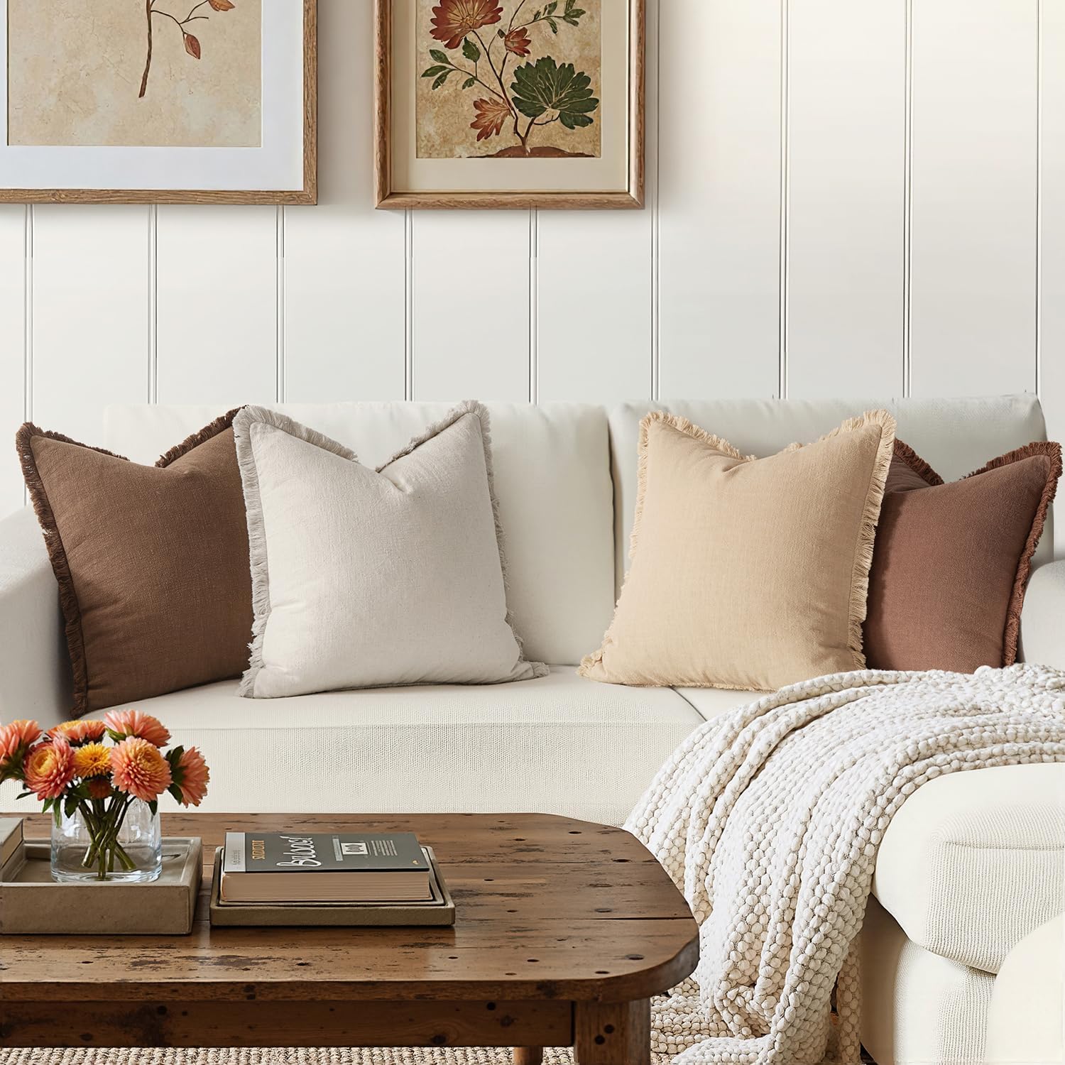 4 Pack Fringe Neutral Linen Pillow Covers
