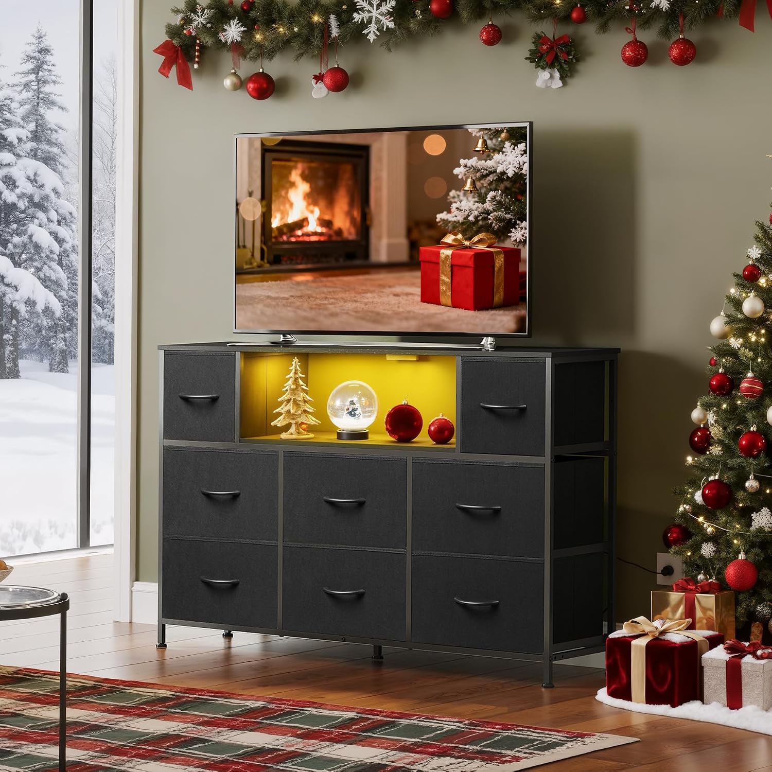LED Charging Fabric Drawer TV Dresser Stand