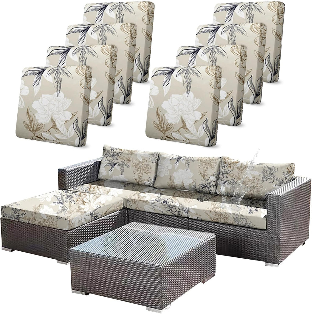 8Pcs Beige Stretch Waterproof Patio Cushion Covers