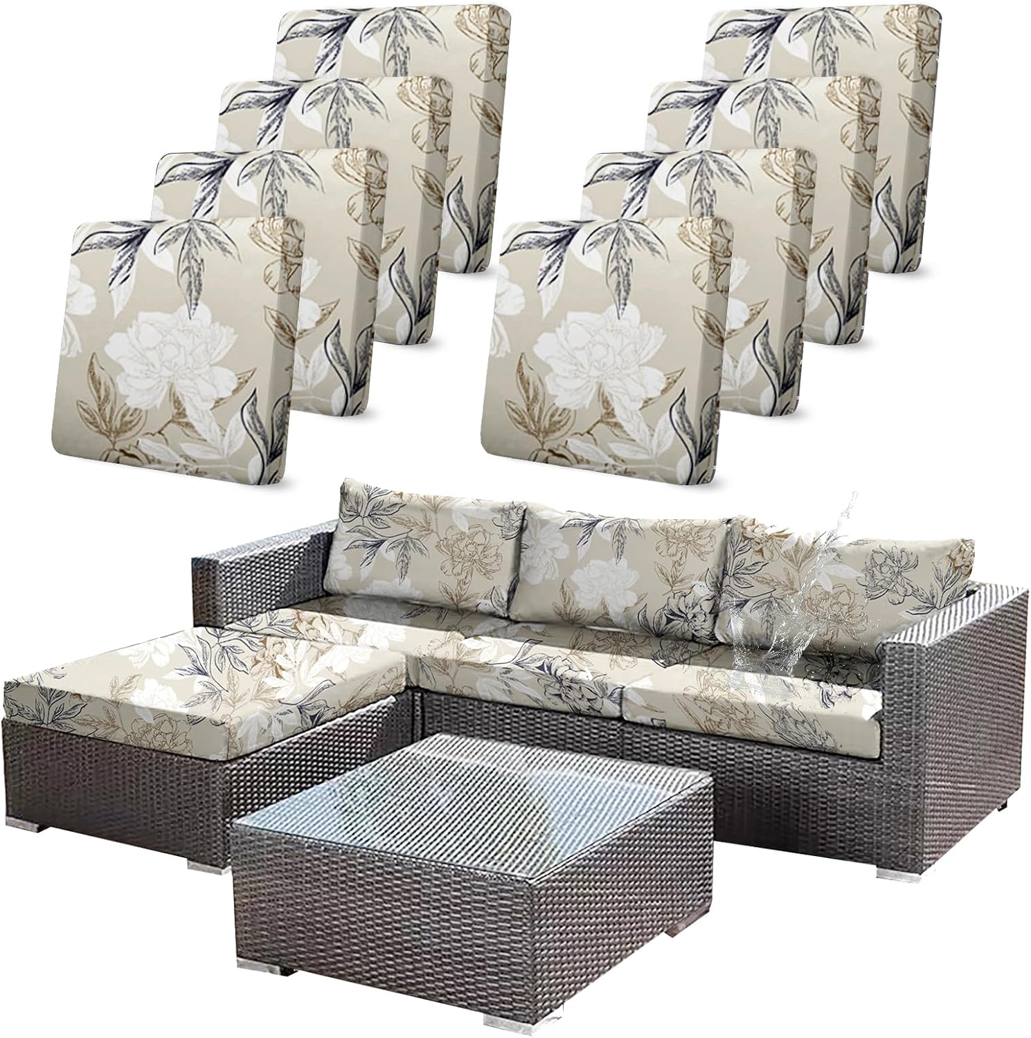8Pcs Beige Stretch Waterproof Patio Cushion Covers