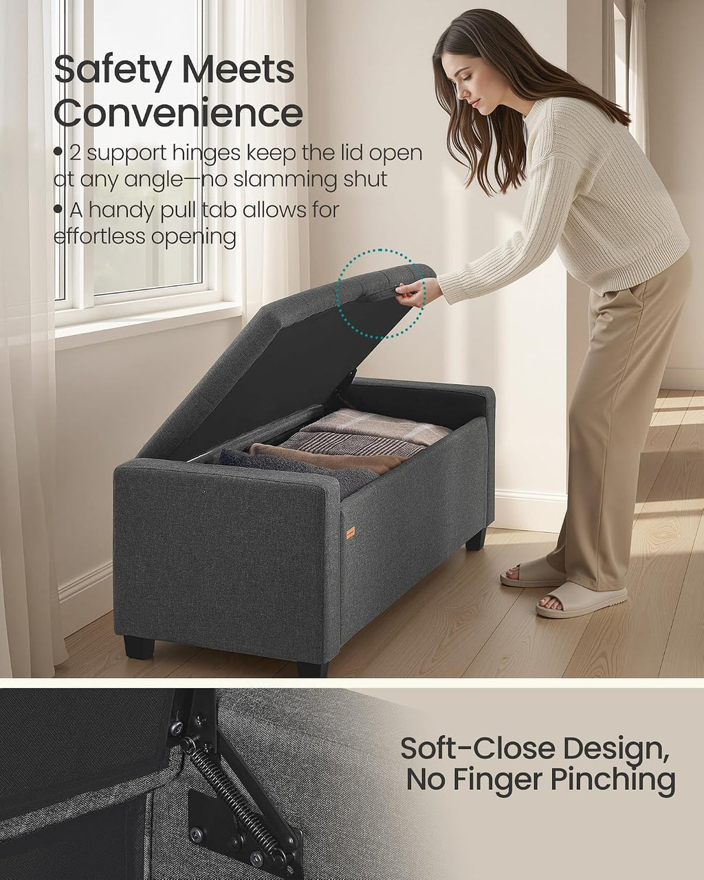 Slate Gray Linen Storage Ottoman Bench