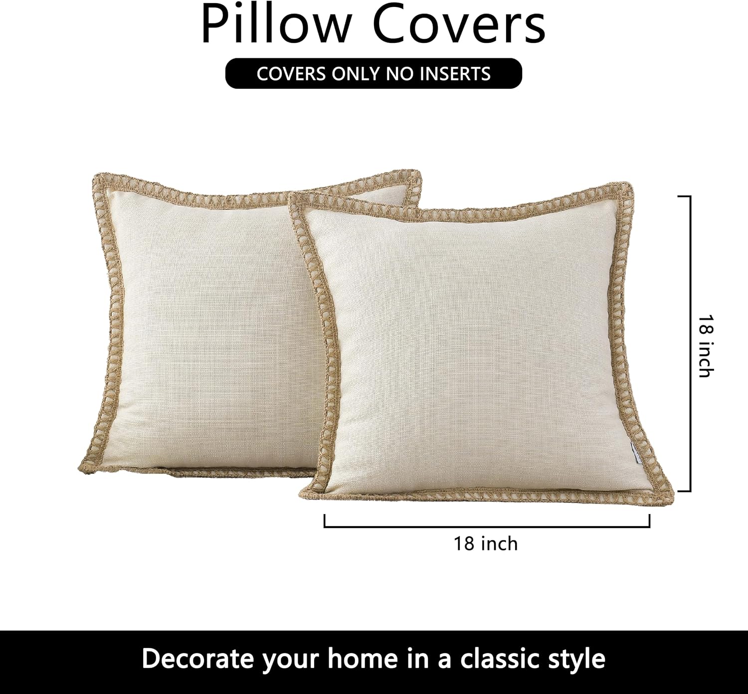 2 Pack Beige Linen Throw Pillow Covers