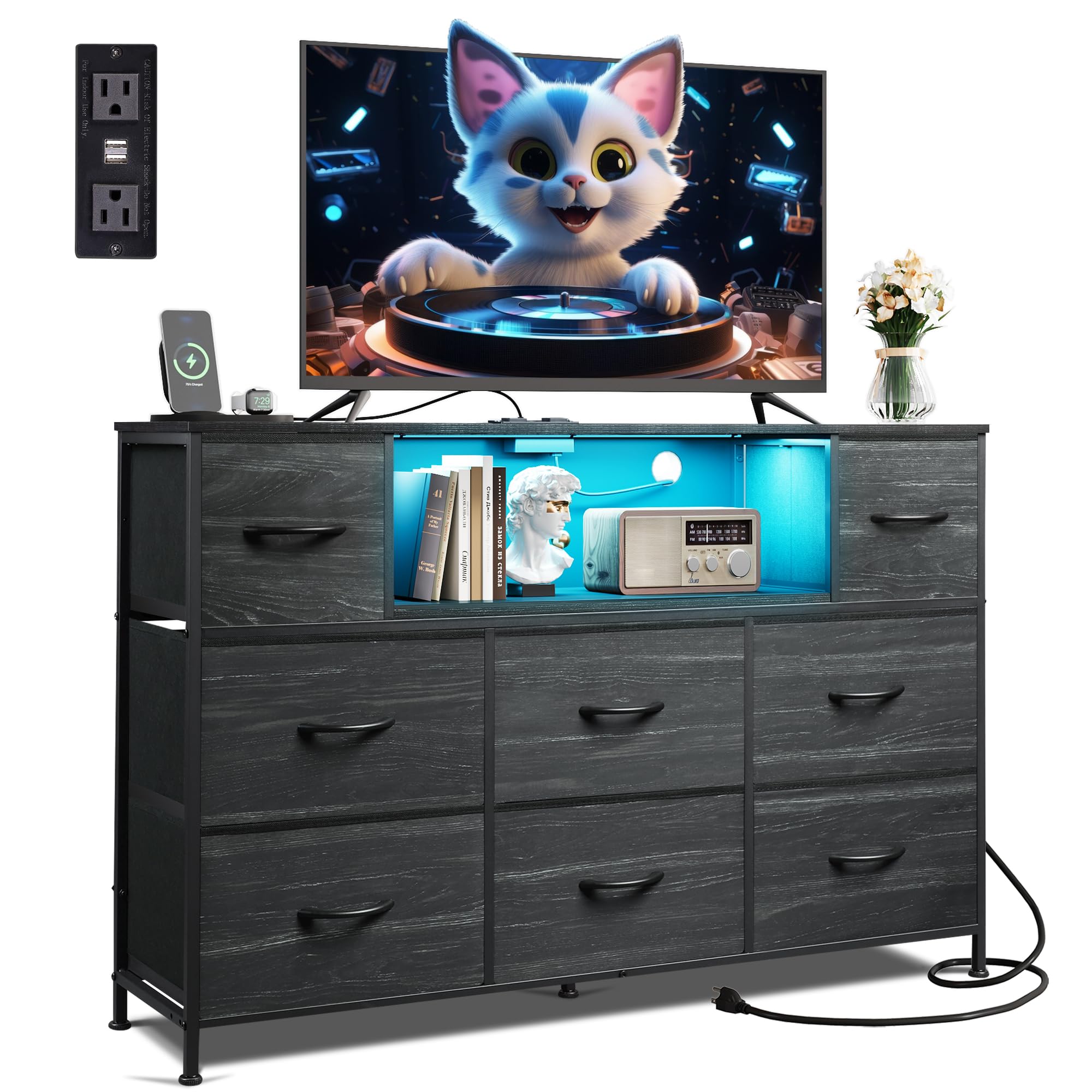 LED Charging Fabric Drawer TV Dresser Stand
