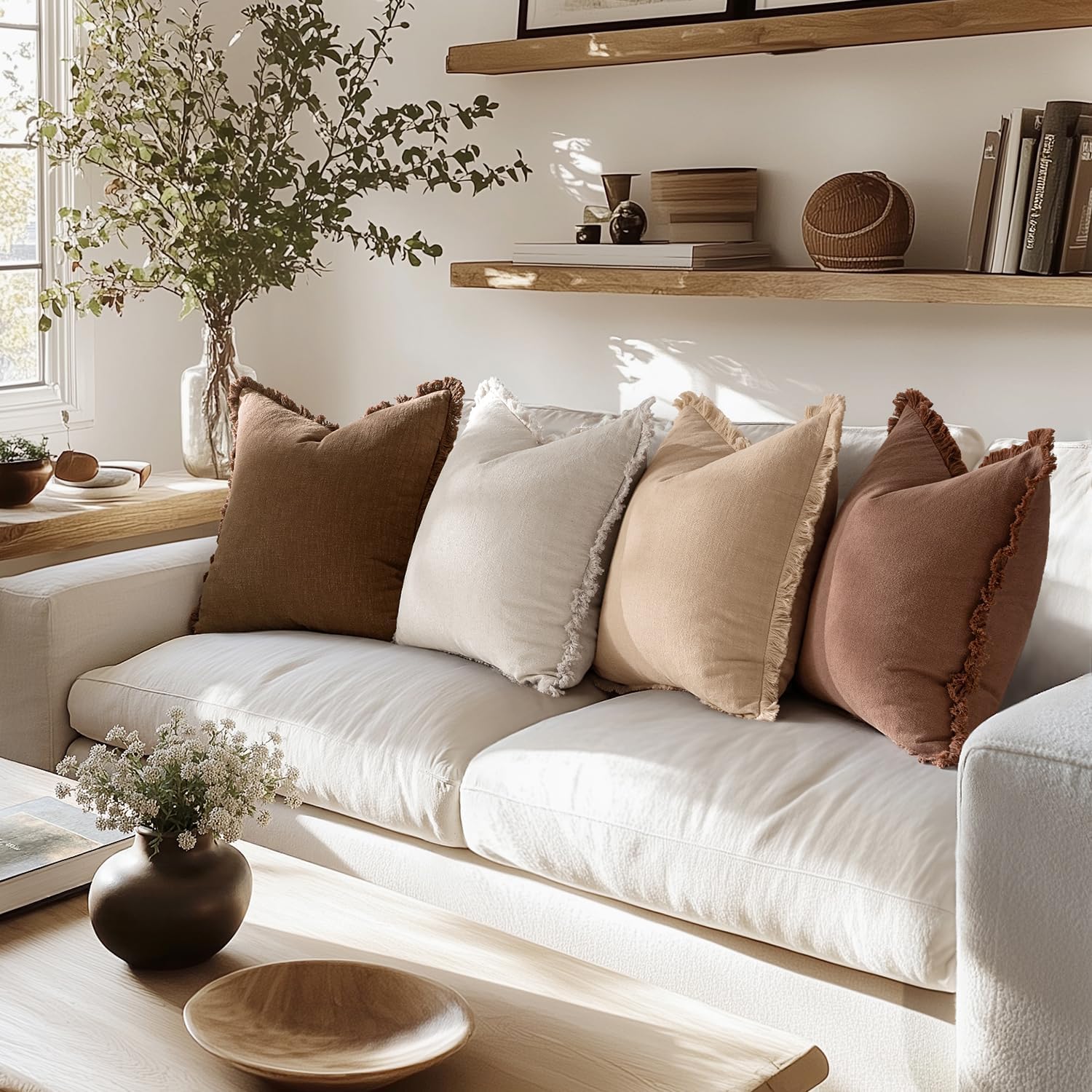 4 Pack Fringe Neutral Linen Pillow Covers