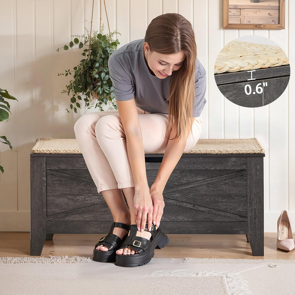 Gray Wicker Cushion Lift Top Storage Ottoman
