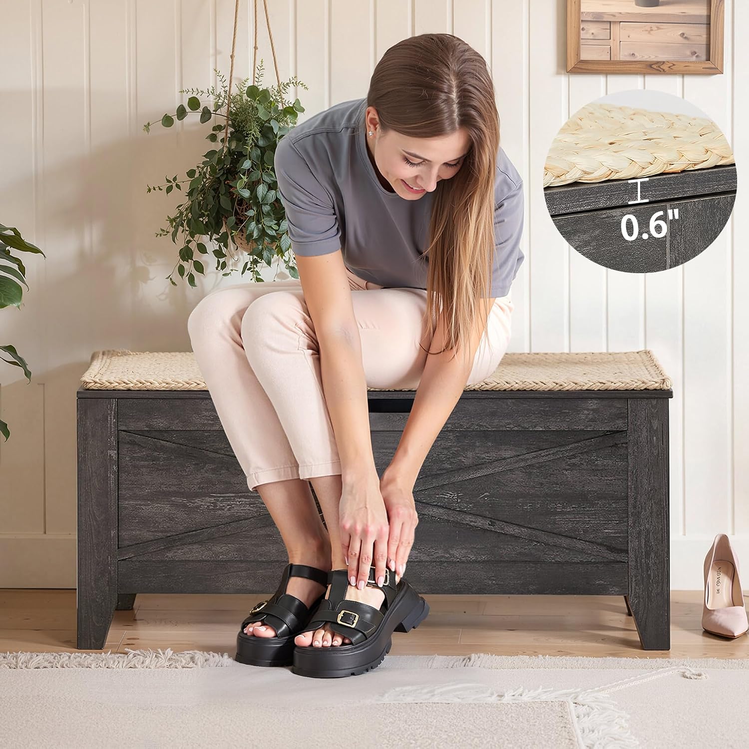 Gray Wicker Cushion Lift Top Storage Ottoman