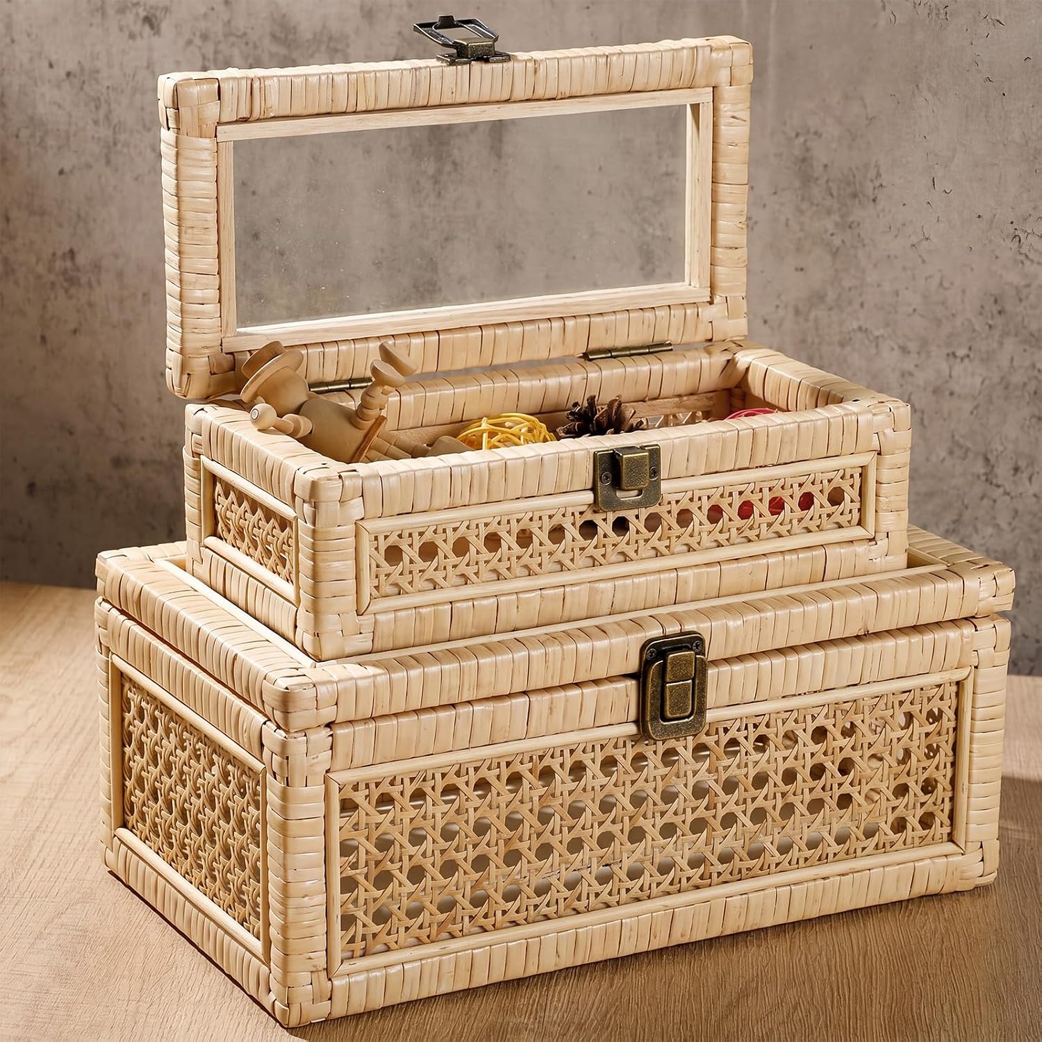 2 Pack Glass Lid Rattan Stackable Storage Boxes