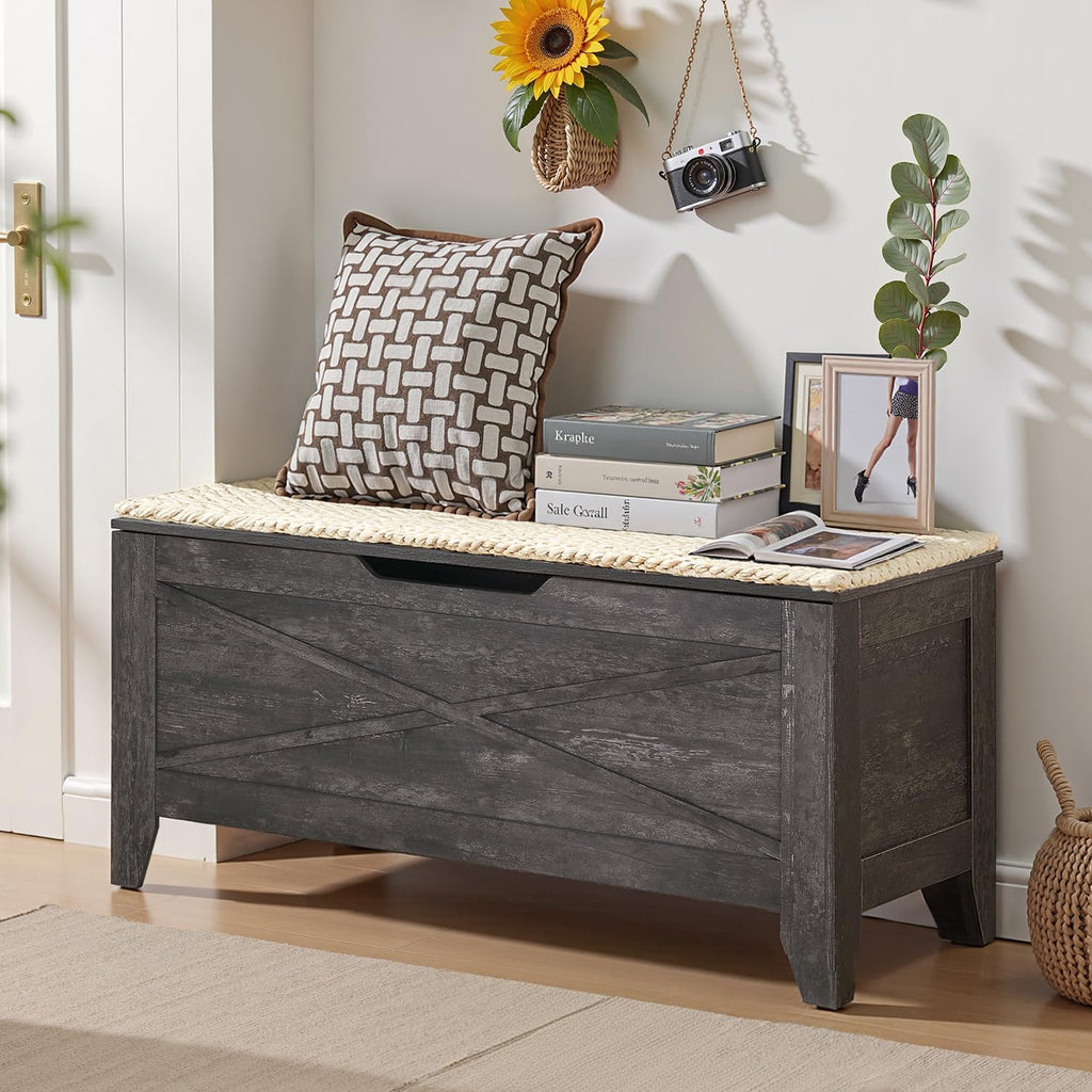 Gray Wicker Cushion Lift Top Storage Ottoman