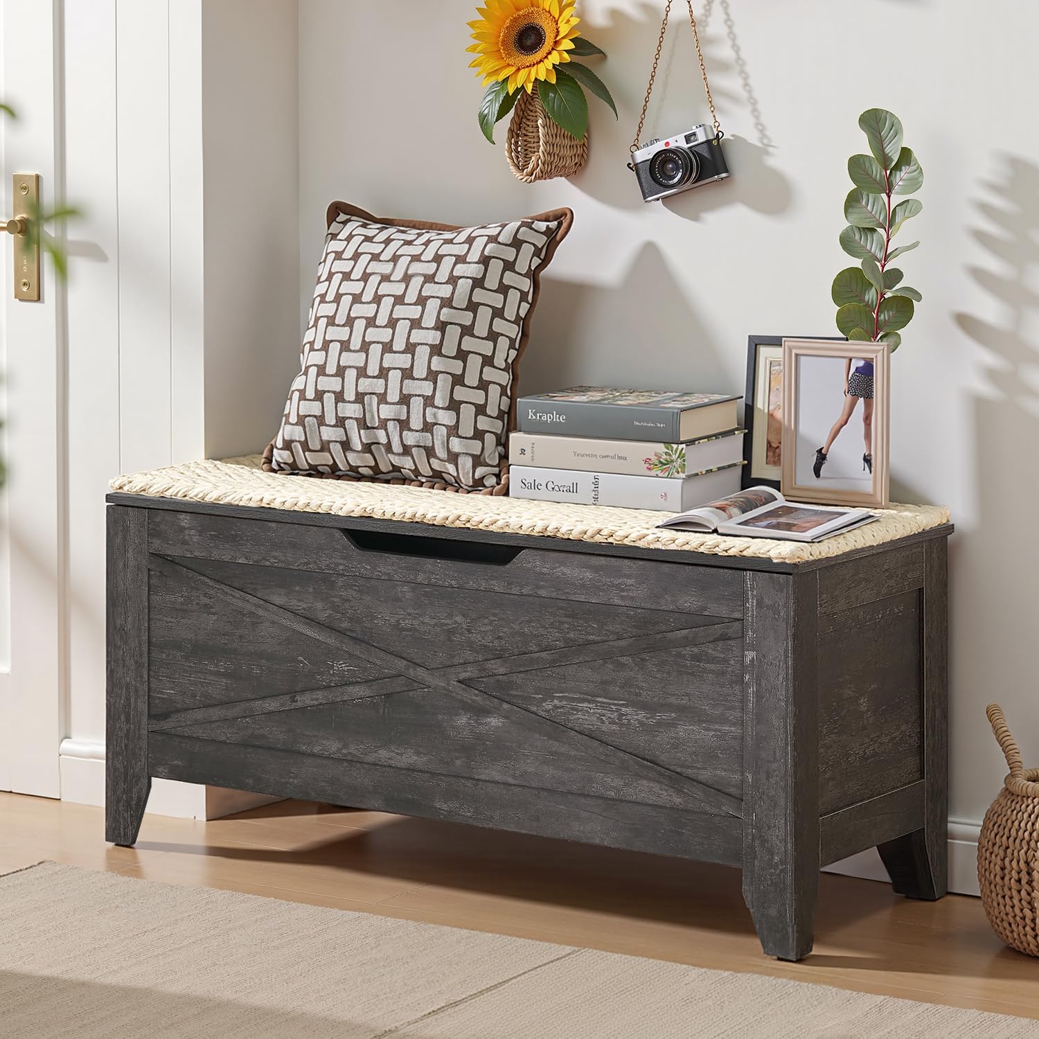 Gray Wicker Cushion Lift Top Storage Ottoman