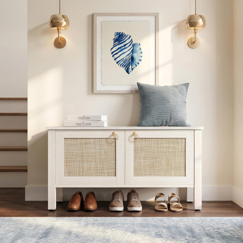 White Oak Rattan Boho Storage Bench Chest