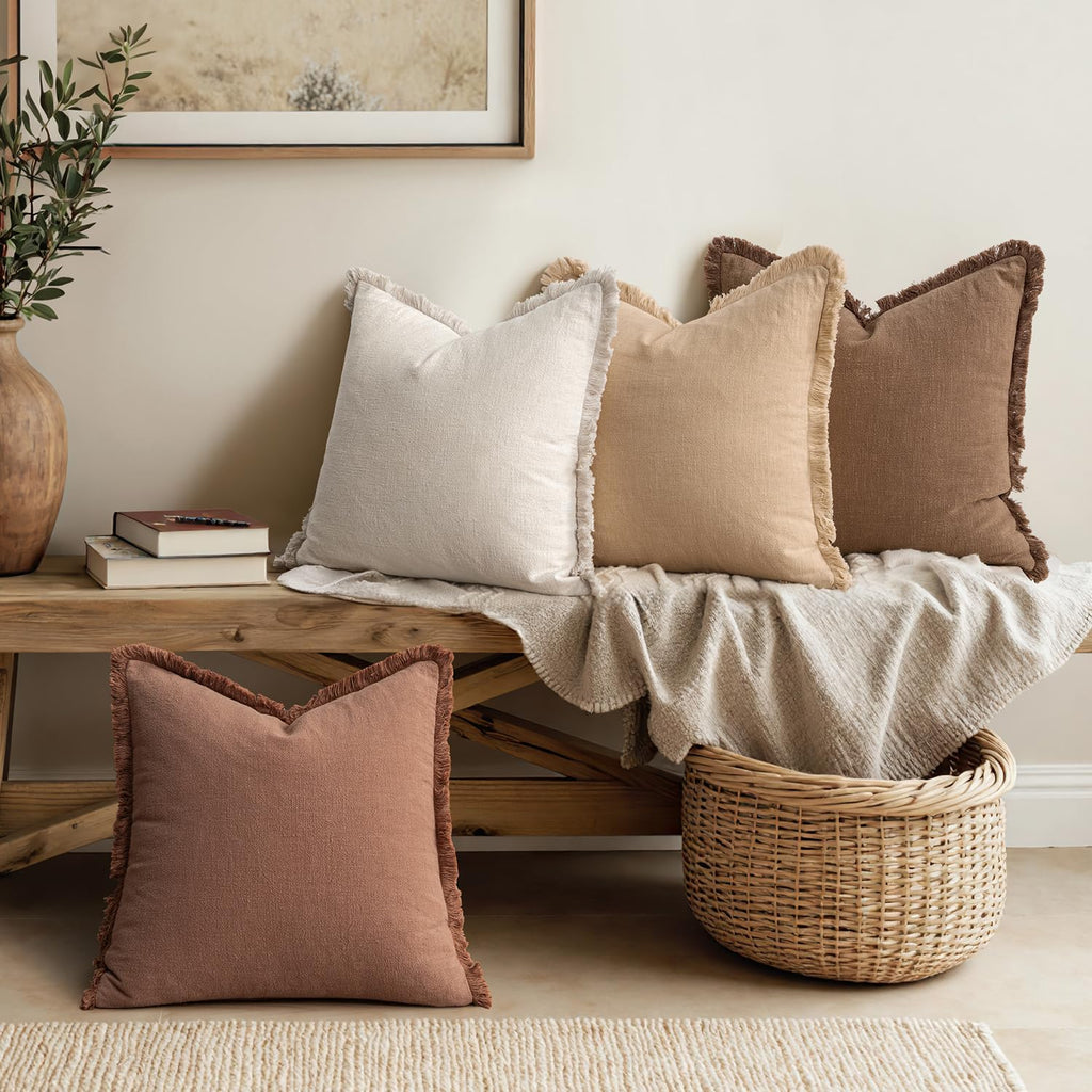 4 Pack Fringe Neutral Linen Pillow Covers