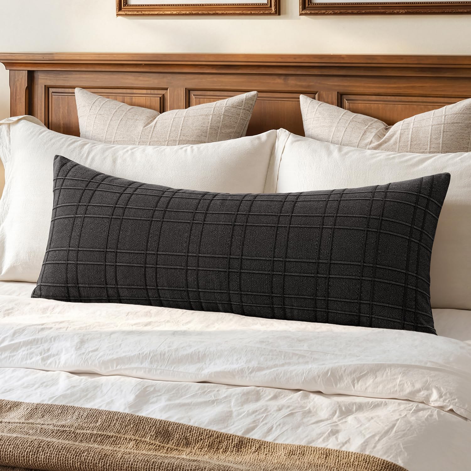 1 Pack Beige Check Lumbar Pillow Cover
