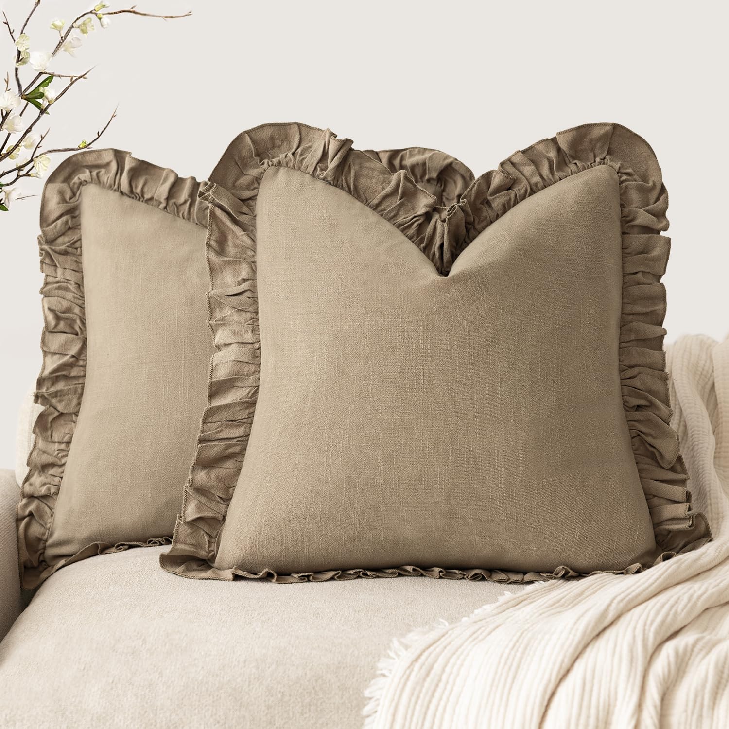 2 Pack Beige Ruffle Fringe Pillow Covers