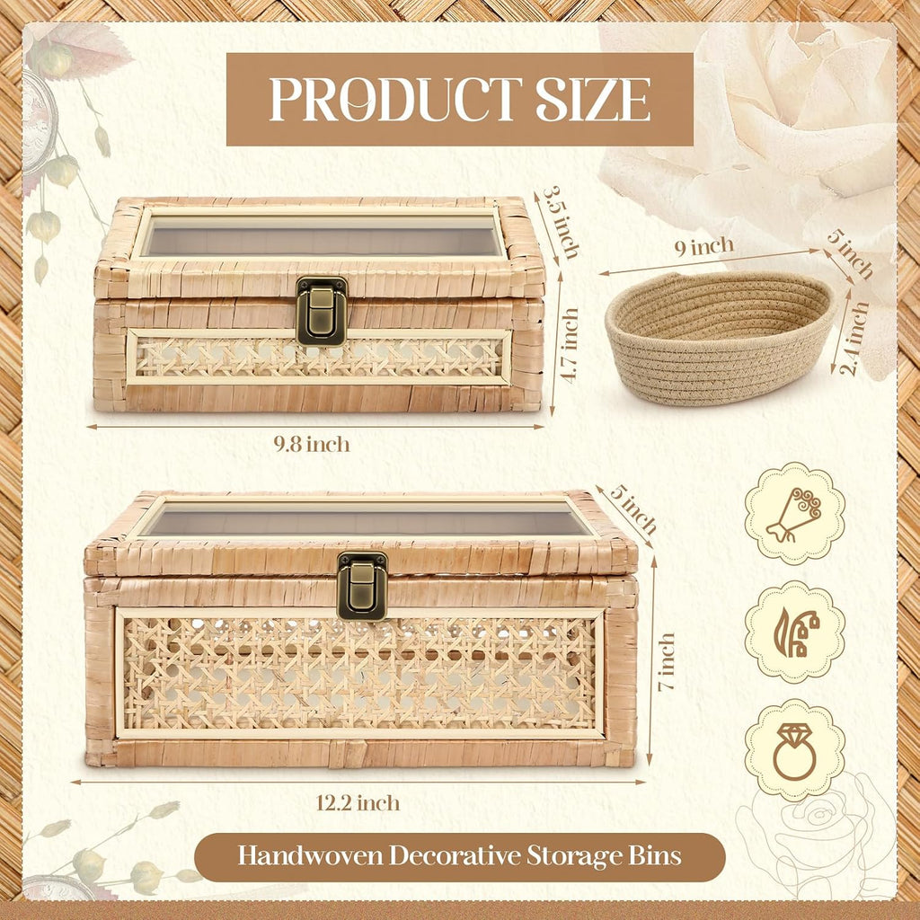 2 Pack Glass Lid Rattan Stackable Storage Boxes