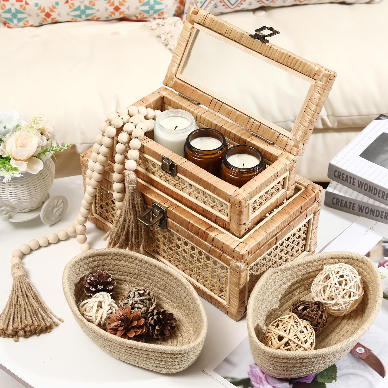 2 Pack Glass Lid Rattan Stackable Storage Boxes