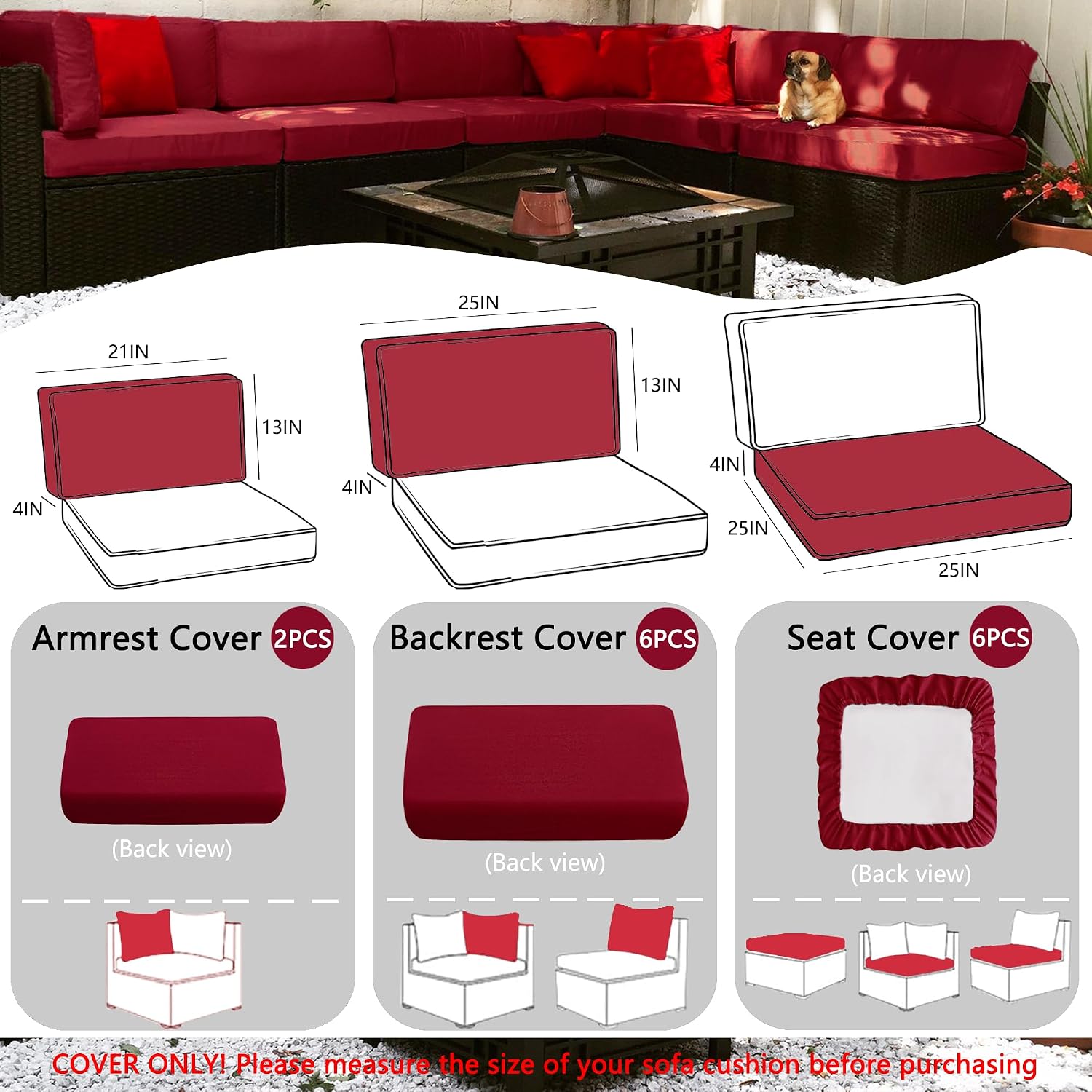 14Pcs Dark Red Waterproof Rattan Cushion Covers