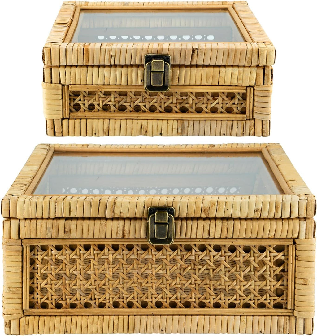 2 Pack Rattan Square Storage Boxes Glass Lid