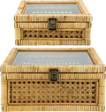 2 Pack Rattan Square Storage Boxes Glass Lid