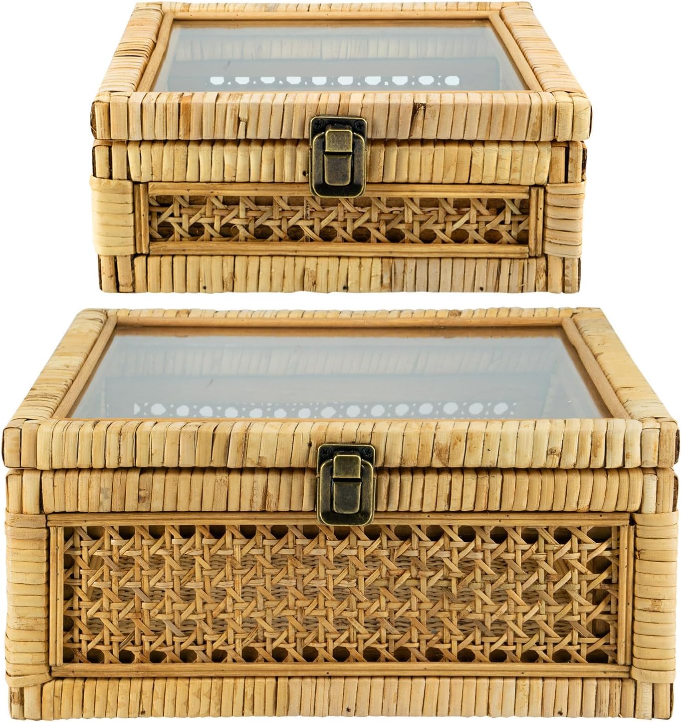 2 Pack Rattan Square Storage Boxes Glass Lid
