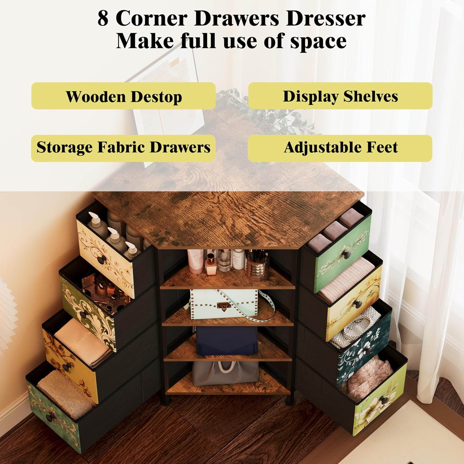 8 Drawers Retro Fabric Corner Dresser
