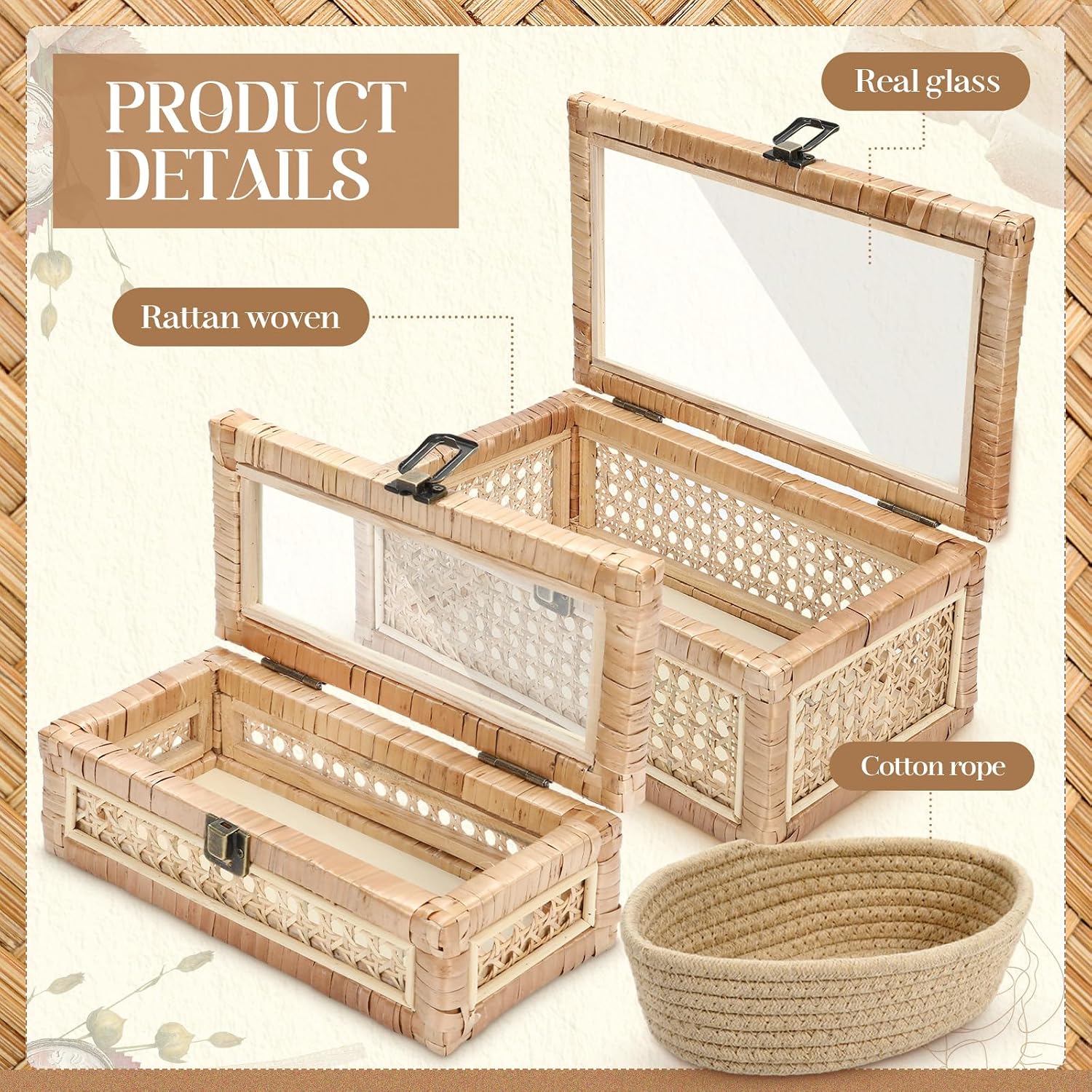 2 Pack Glass Lid Rattan Stackable Storage Boxes