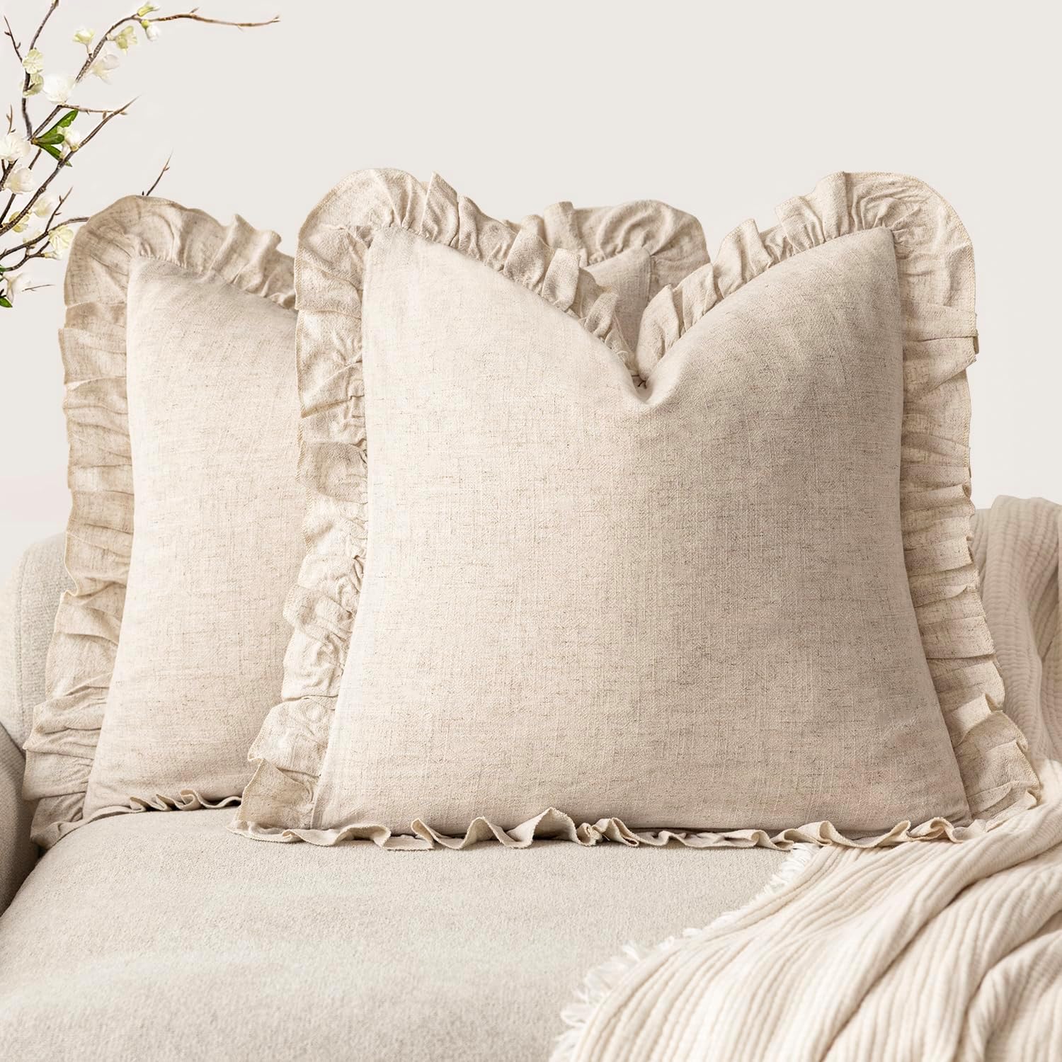 2 Pack Beige Ruffle Fringe Pillow Covers