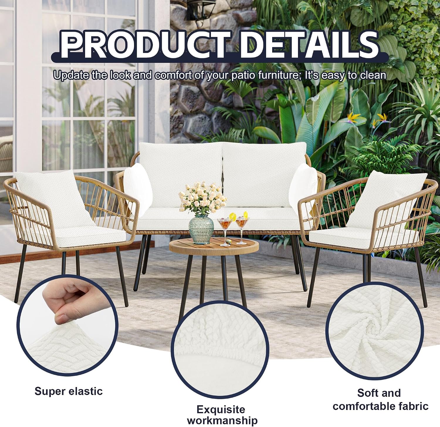 8Pcs White Stretch Washable Patio Cushion Covers