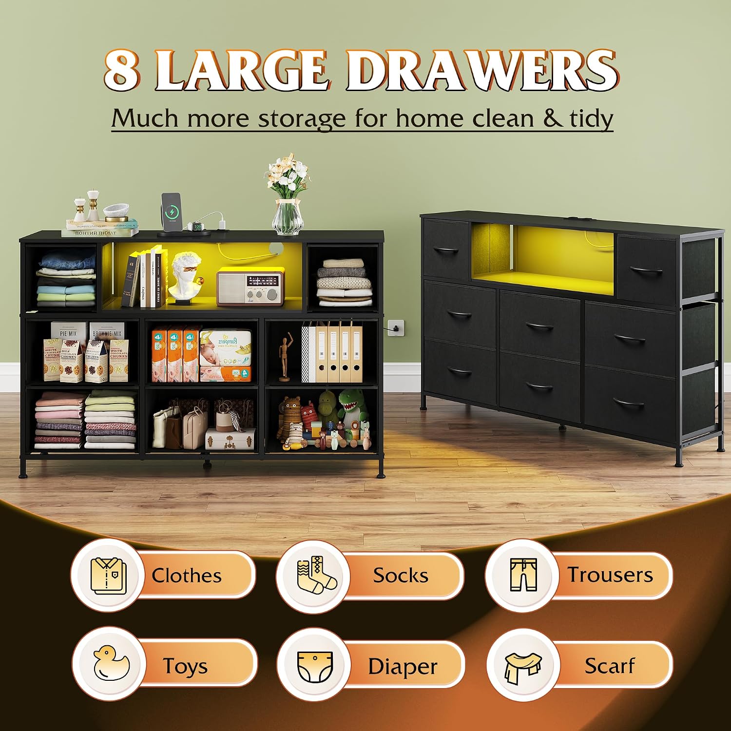 LED Charging Fabric Drawer TV Dresser Stand