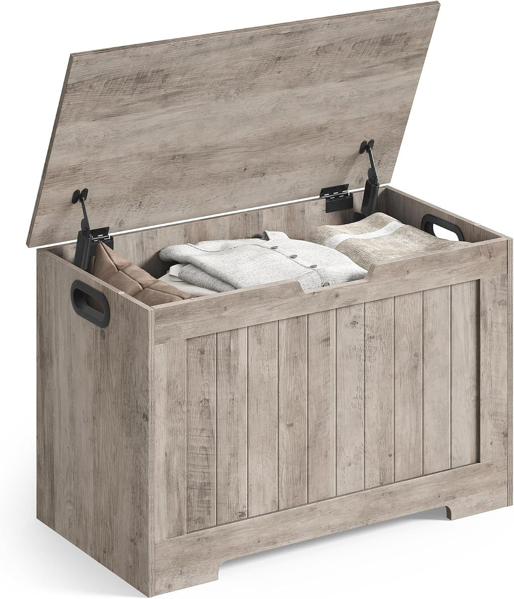 Greige Farmhouse Safety Hinge Storage Bench